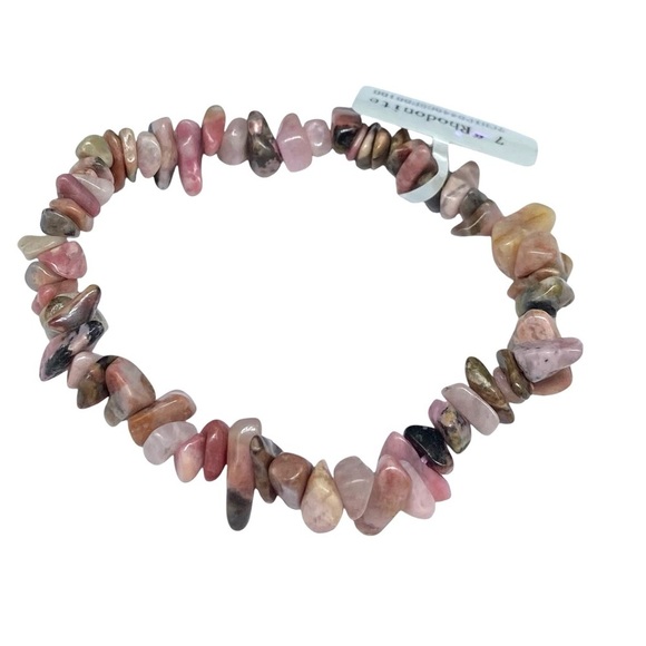 Rhodonite Bracelet Beaded Gemstone Stretch Pink Chip Chips Boho Stone Crystal - Picture 3 of 5